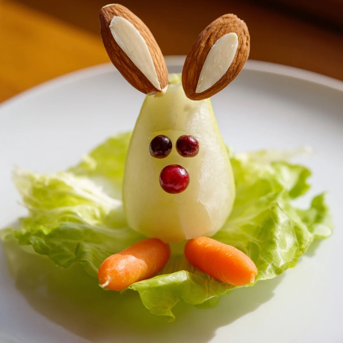 Adorable pear bunny salad with almond ears and raisin eyes arranged on lettuce plate
