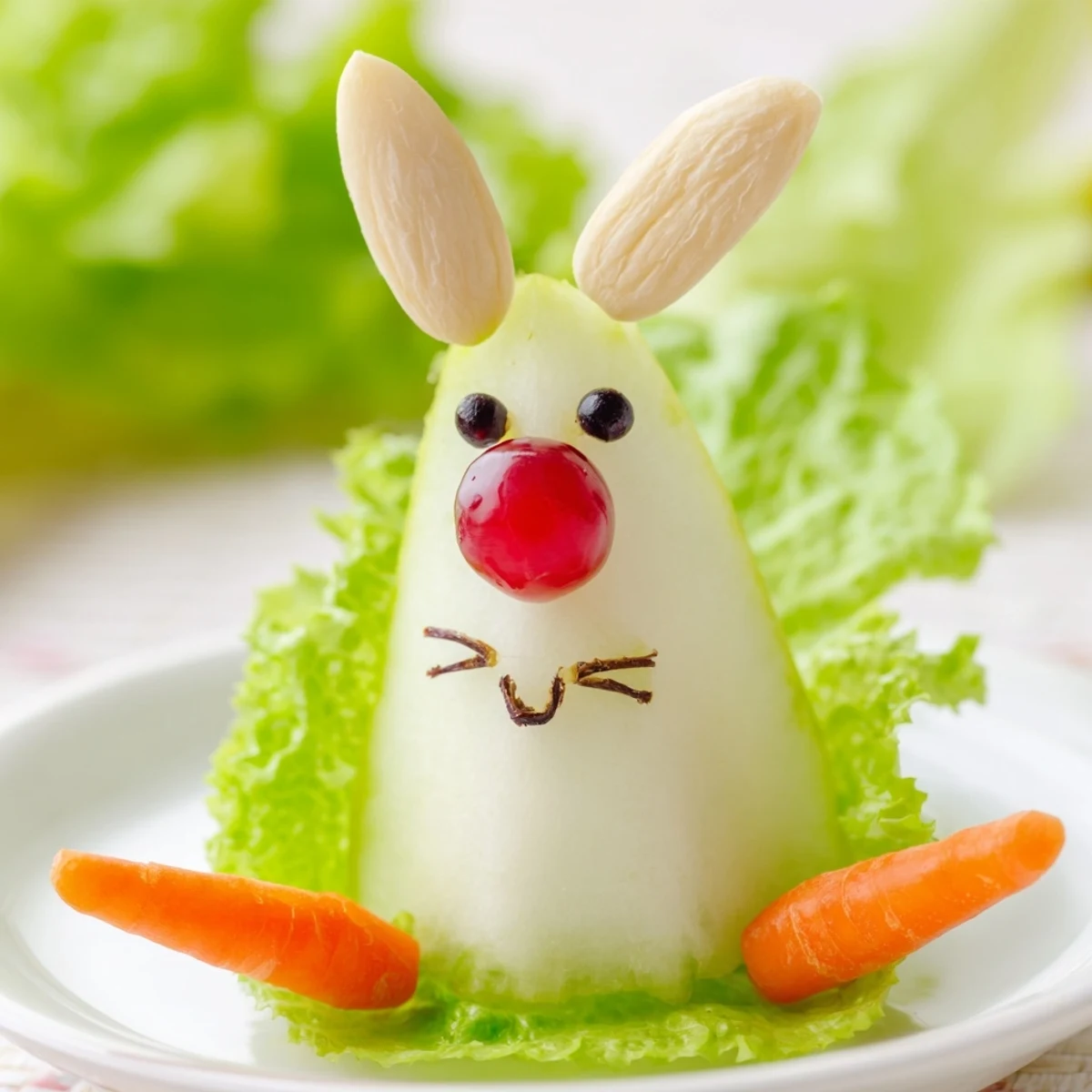 Playful pear bunny salad featuring carrot whiskers and cherry nose on fresh lettuce base