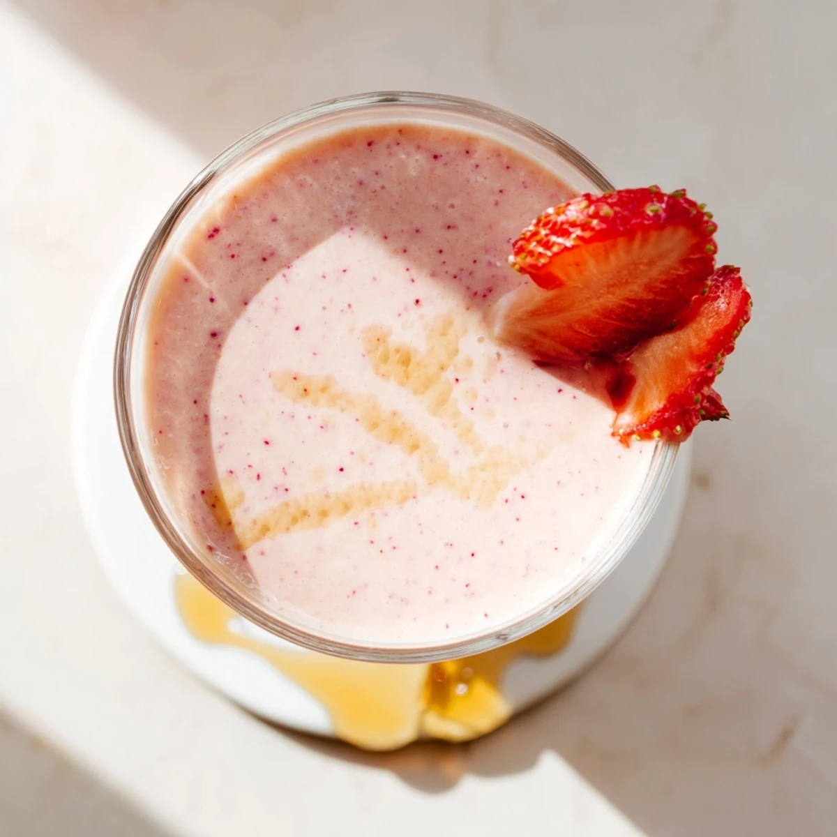 Glass of fresh strawberry smoothie with Greek yogurt garnished with whole strawberries