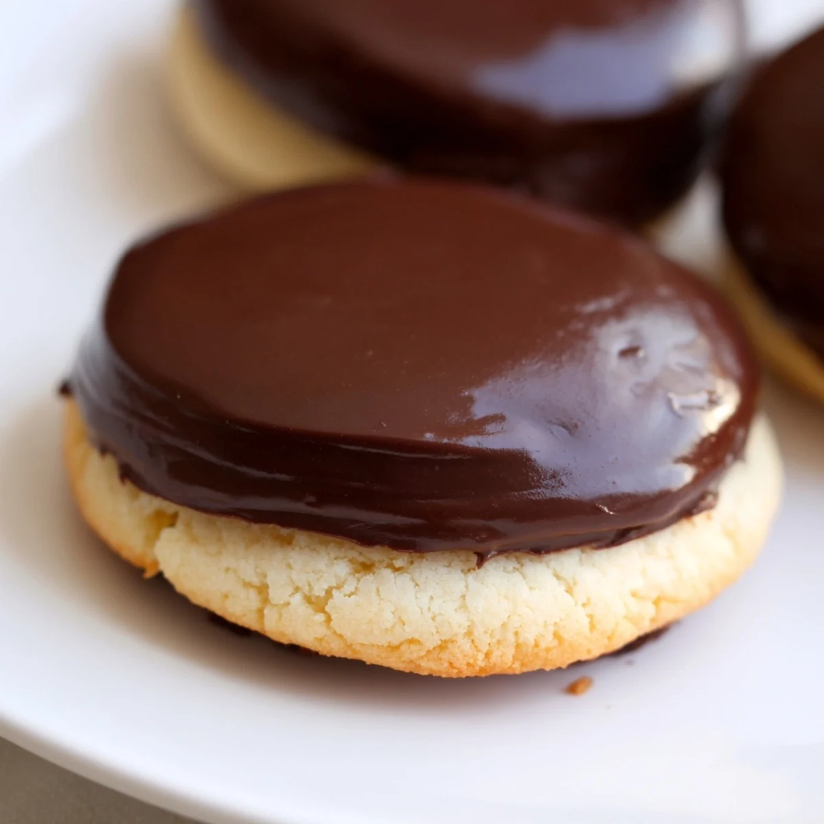 Close-up of soft vanilla cookie filled with smooth vanilla custard and coated in semi-sweet chocolate frosting