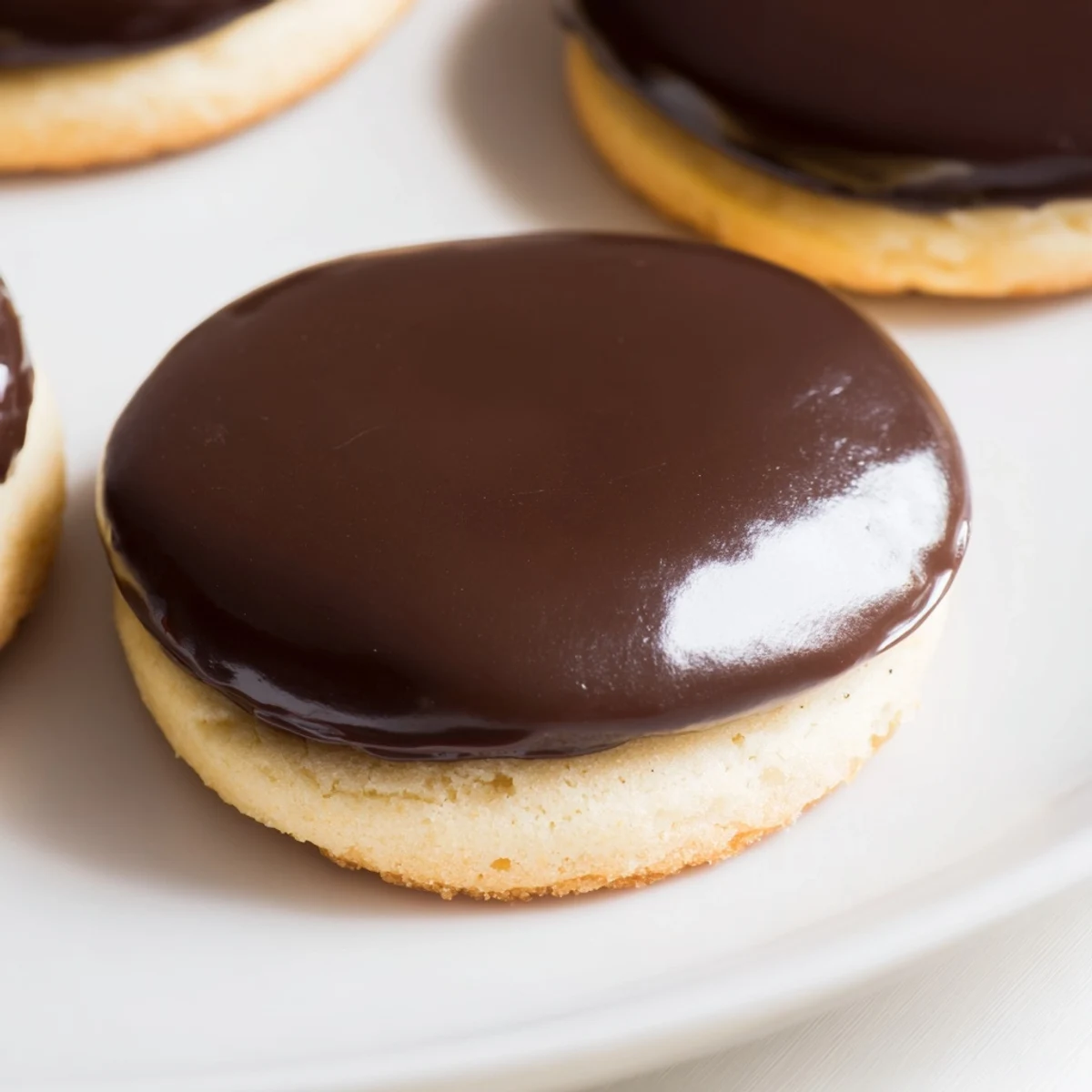 Bite-sized Boston cream pie cookie bites arranged on a white platter with rich chocolate dripping down the sides