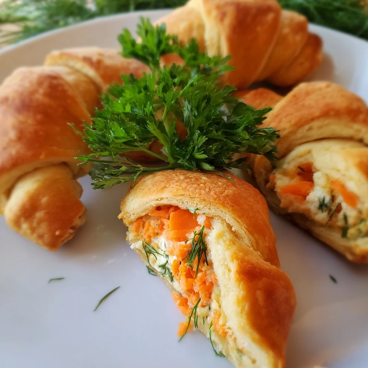Golden baked stuffed crescent roll carrots filled with creamy herbed cheese and topped with fresh parsley sprigs