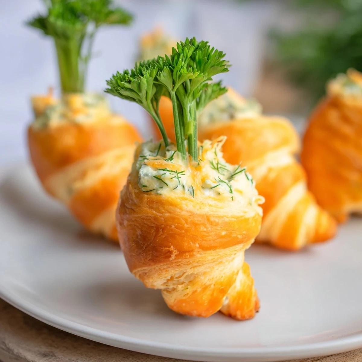 Playful appetizer featuring crescent dough wrapped into carrot shapes and piped with savory cream cheese filling