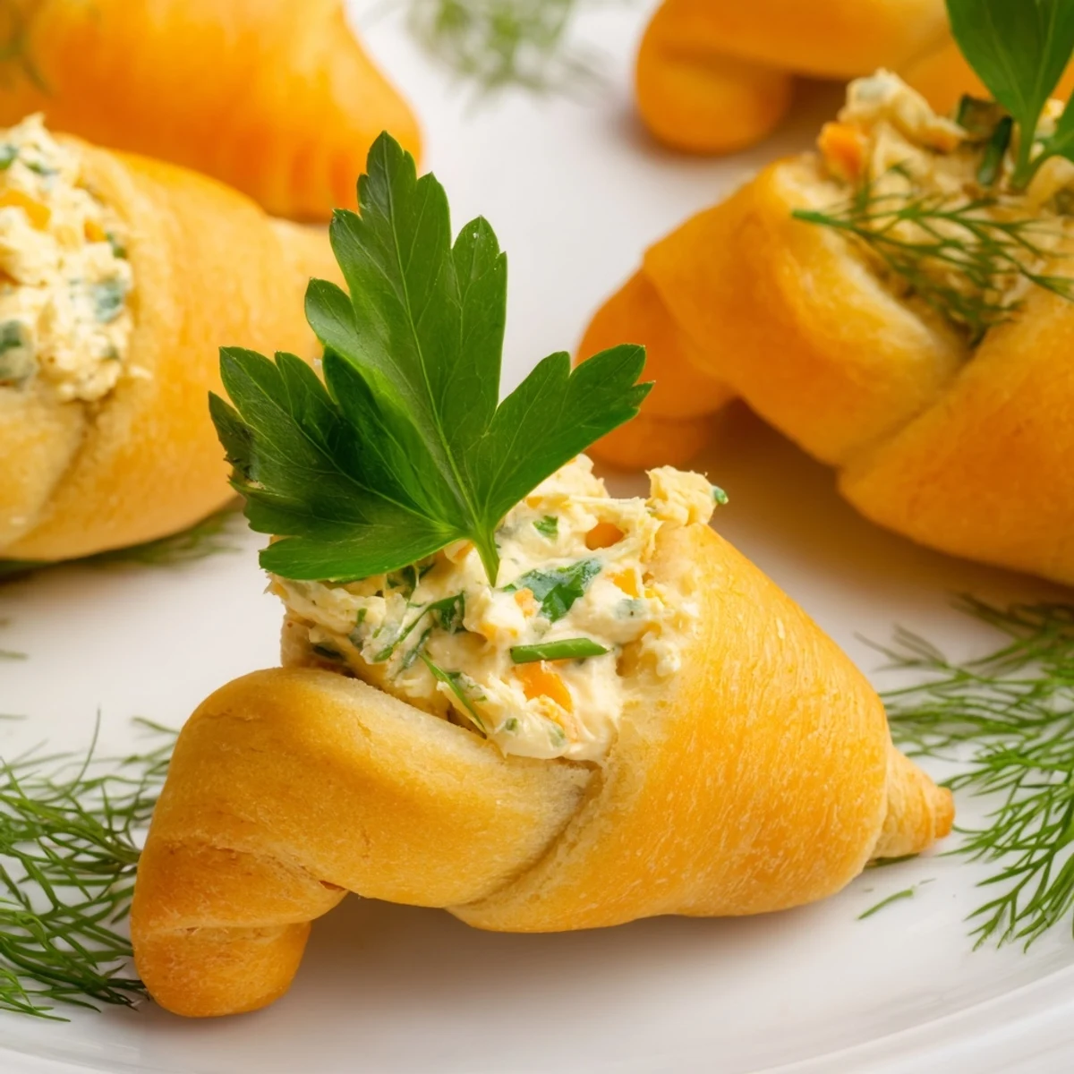 Flaky orange pastry carrots stuffed with herb cream cheese mixture garnished with fresh green parsley stems