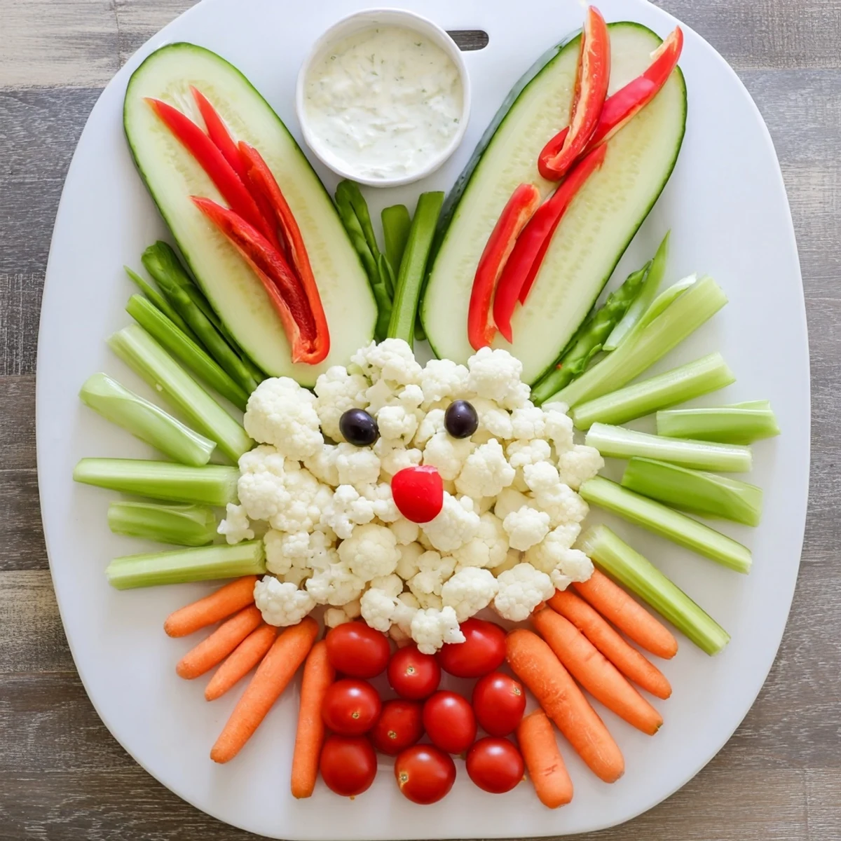 Festive Easter bunny veggie tray with cauliflower face and cucumber ears arranged on serving platter