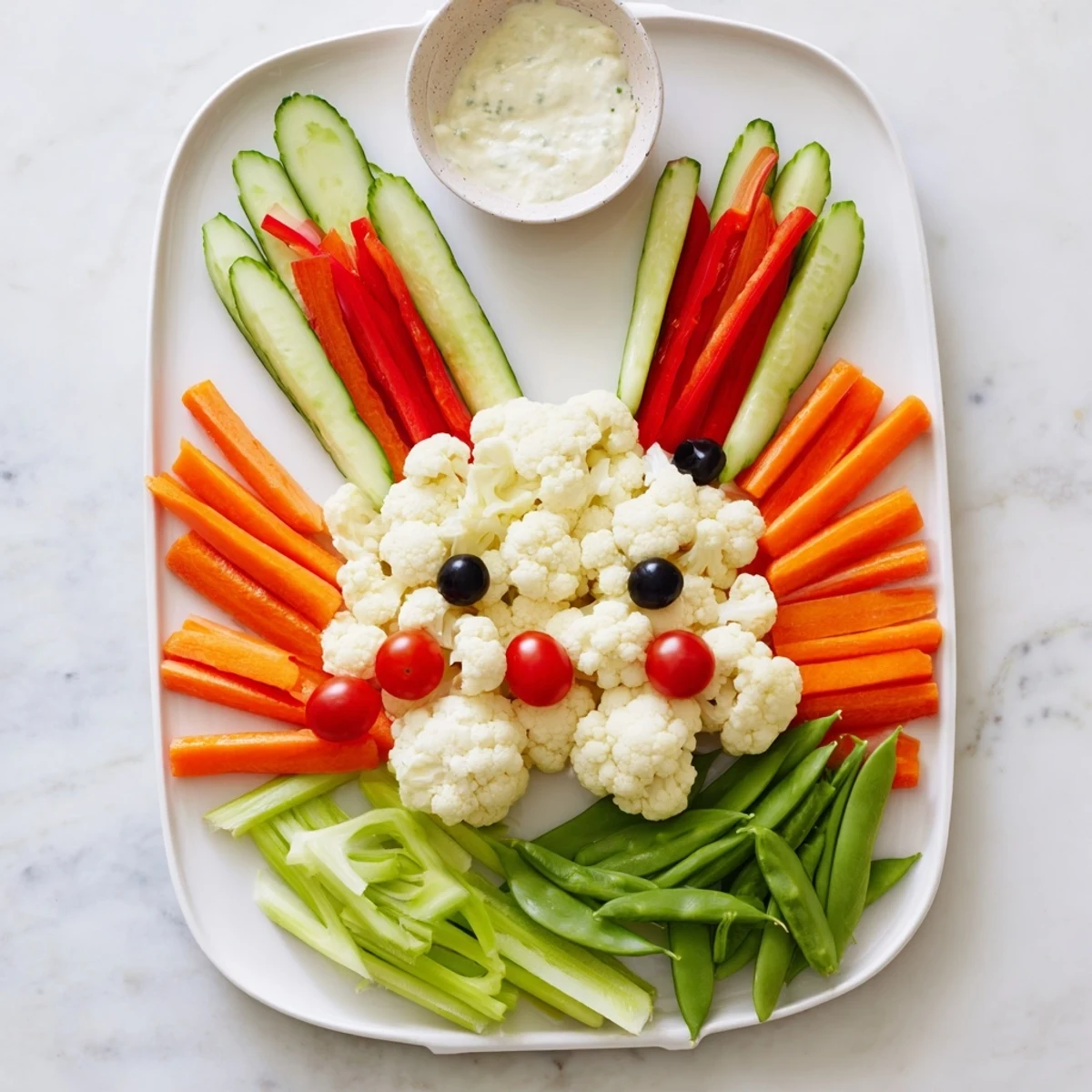 Colorful vegetable platter shaped like an Easter bunny featuring cherry tomatoes bell peppers and fresh dip