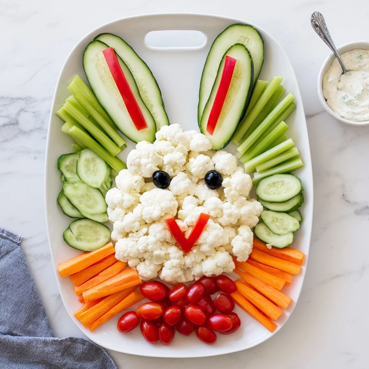Healthy Easter bunny veggie tray with crisp carrots celery and ranch dip perfect for spring parties