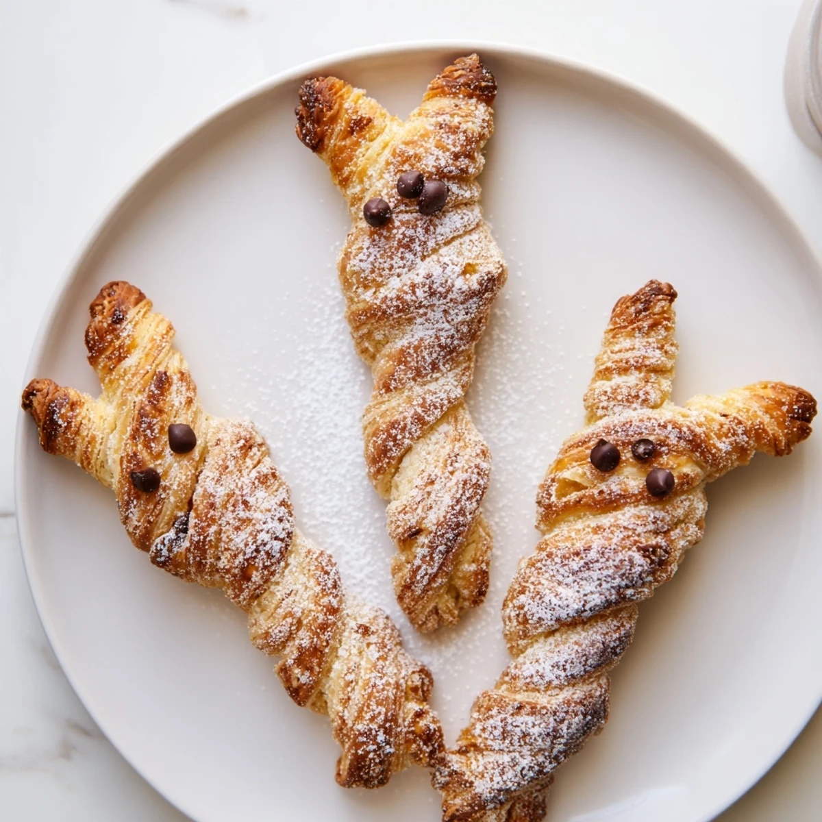 Golden brown cinnamon sugar Easter bunny twists arranged on a white serving platter