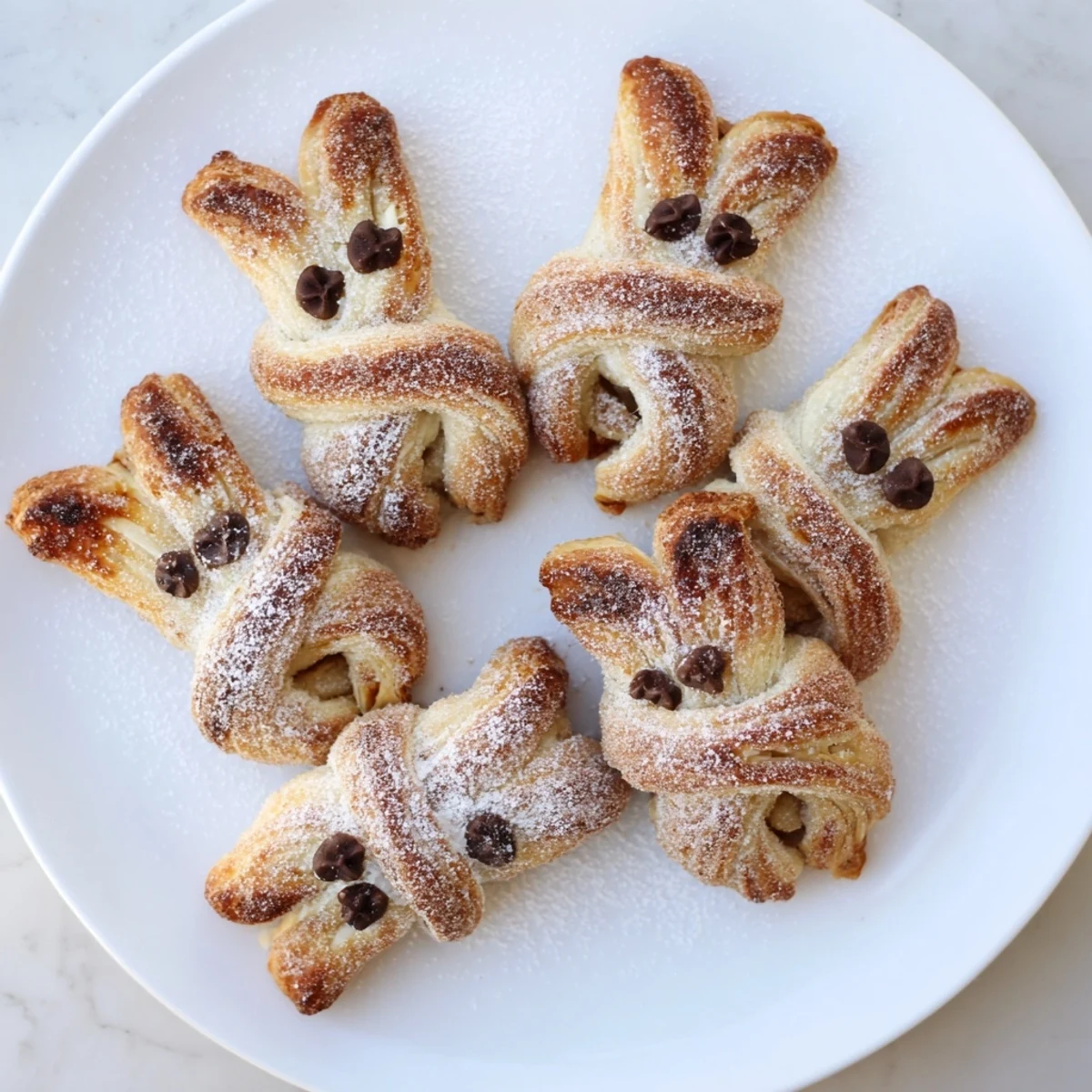 Fluffy puff pastry bunny-shaped pastries coated with buttery cinnamon sugar and powdered sugar