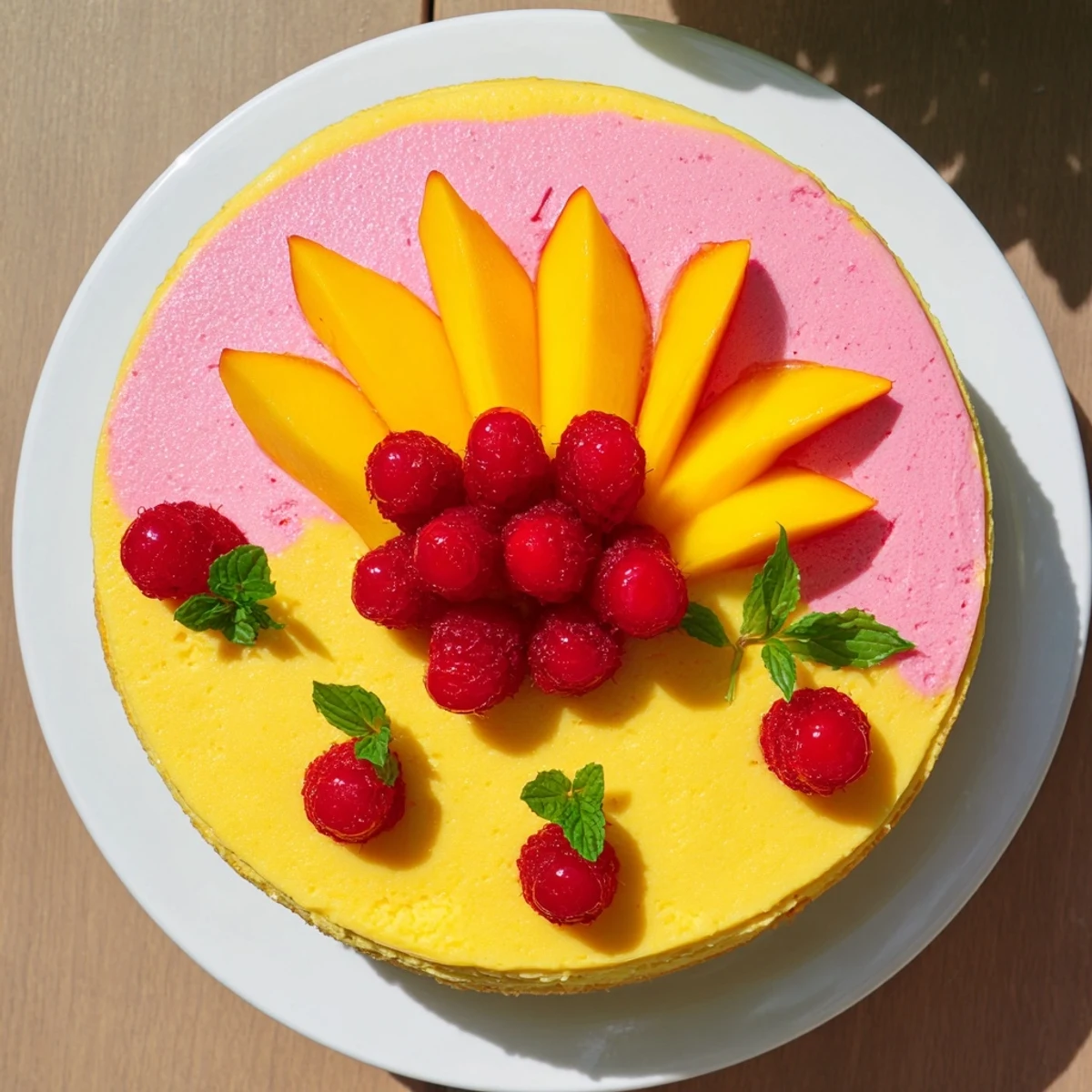 Slice of heavenly mango raspberry mousse cake layered with vibrant fruit and fresh berry garnish