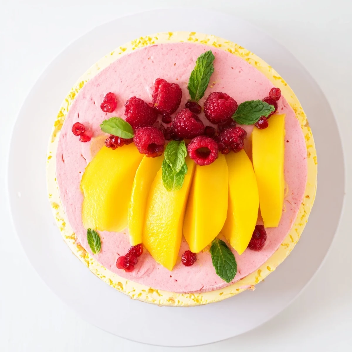 Elegant mango raspberry mousse cake featuring airy tropical mango mousse crowned with fresh raspberries