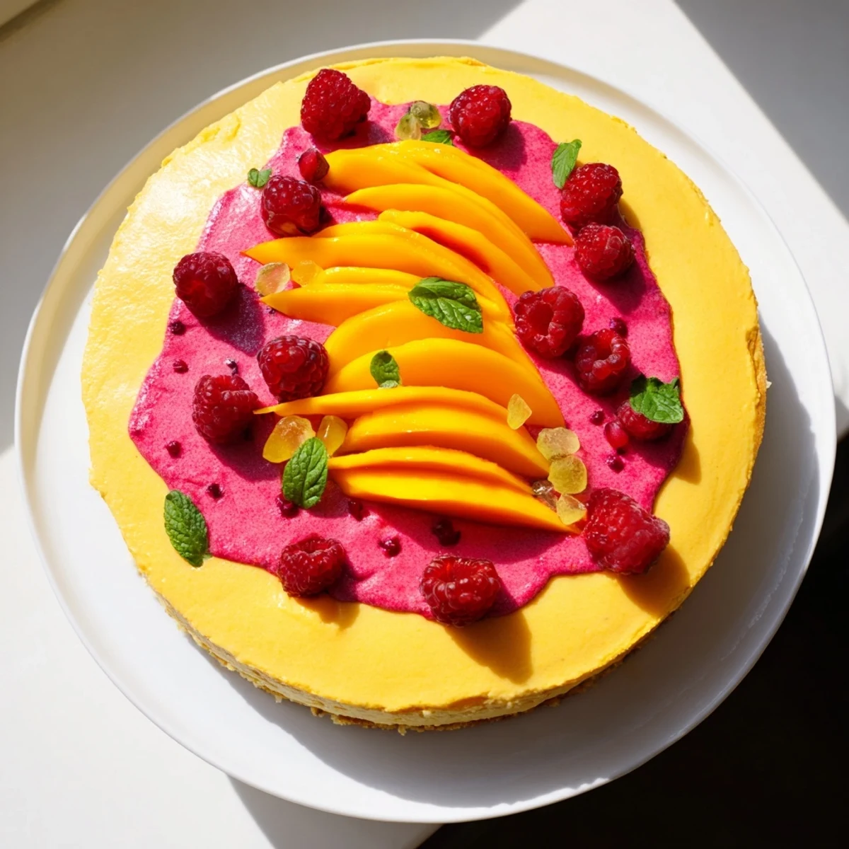 Light and fruity heavenly mango raspberry mousse cake on delicate sponge base topped with mint