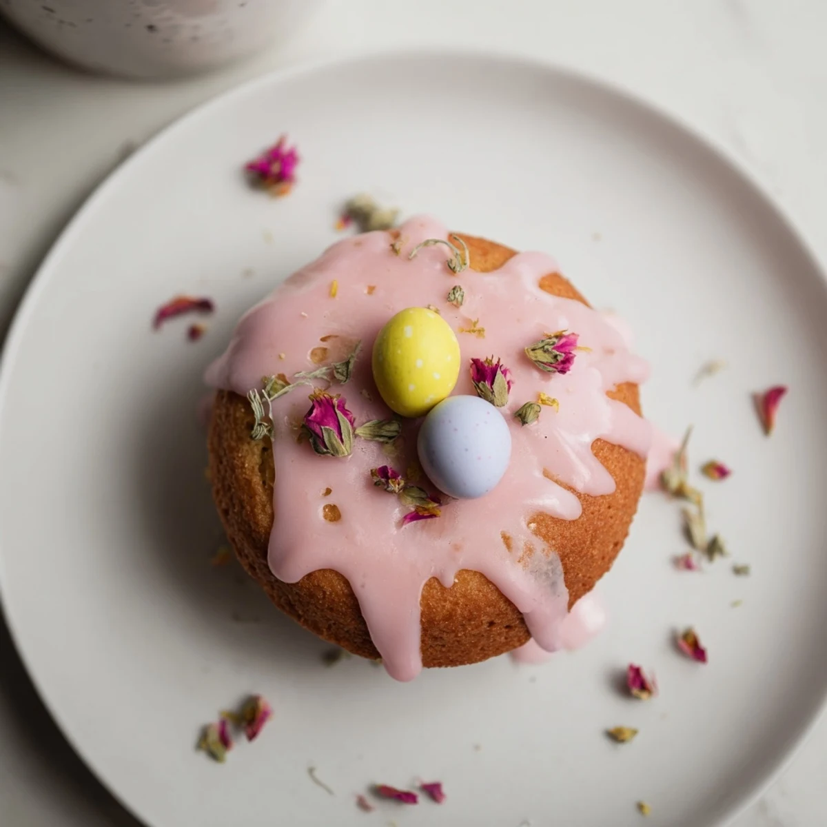 Mini Easter cakes topped with pastel icing and mini chocolate eggs on a white serving plate