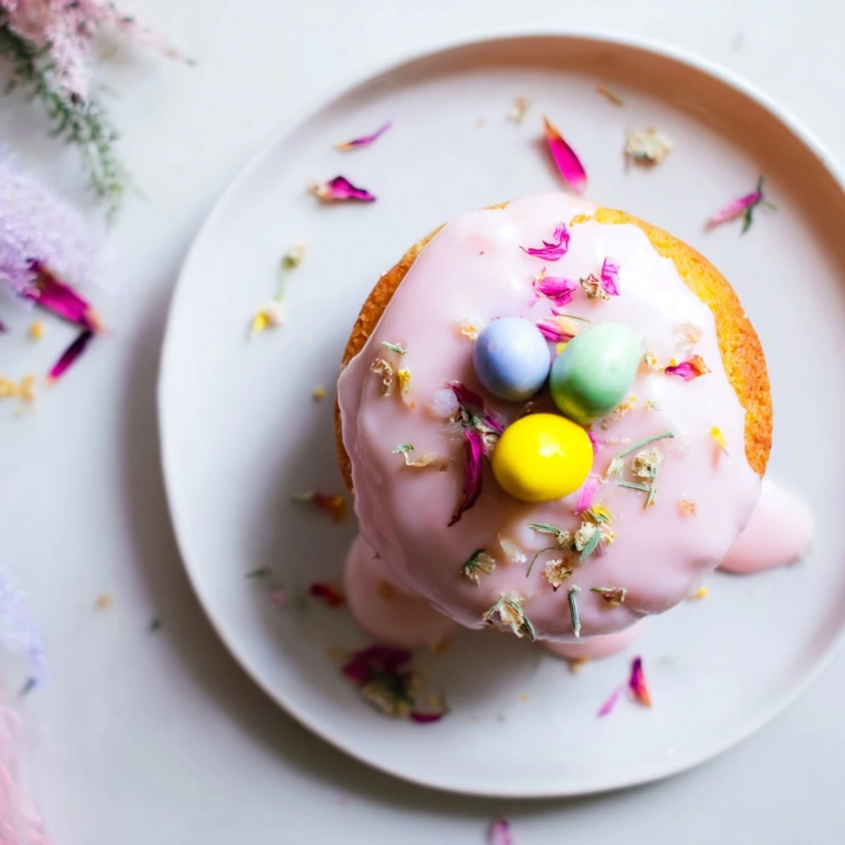 Fluffy sponge mini Easter cakes drizzled with colorful pastel glaze and festive spring decorations