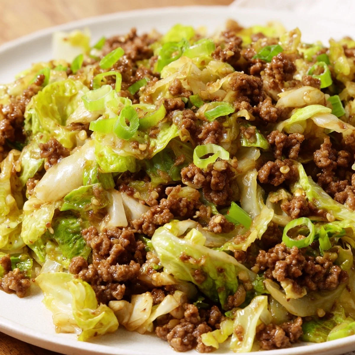 Savory low carb Mongolian ground beef and cabbage stir-fry with tender green cabbage shreds and browned ground beef in a glossy sauce