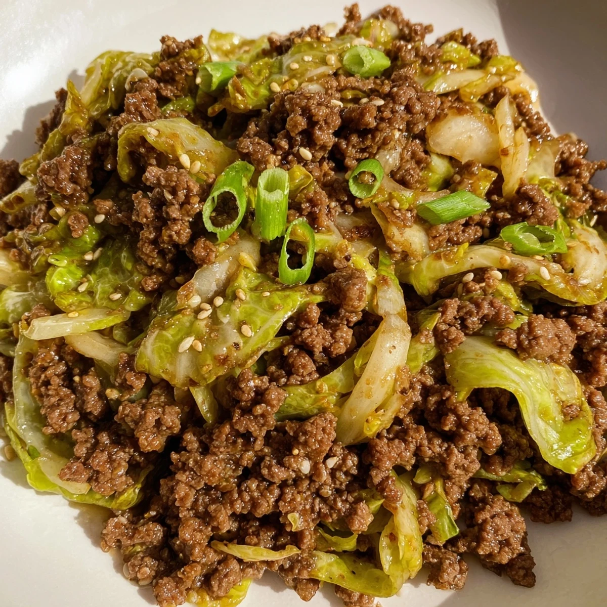 Golden browned low carb Mongolian ground beef and cabbage served in a white bowl with fresh green onion garnish on top