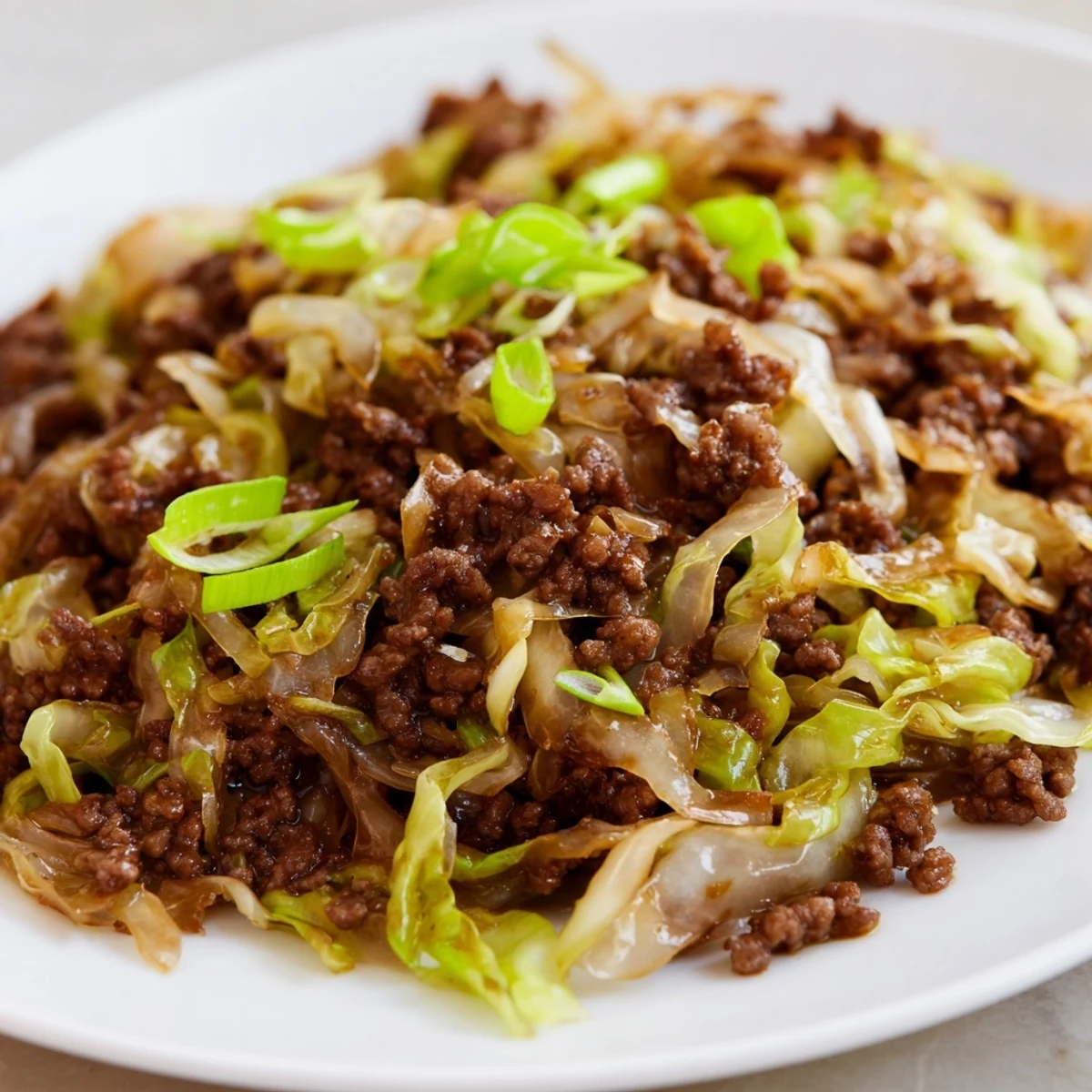 Quick weeknight low carb Mongolian ground beef and cabbage plated with vibrant green cabbage strips and savory beef coated in sauce