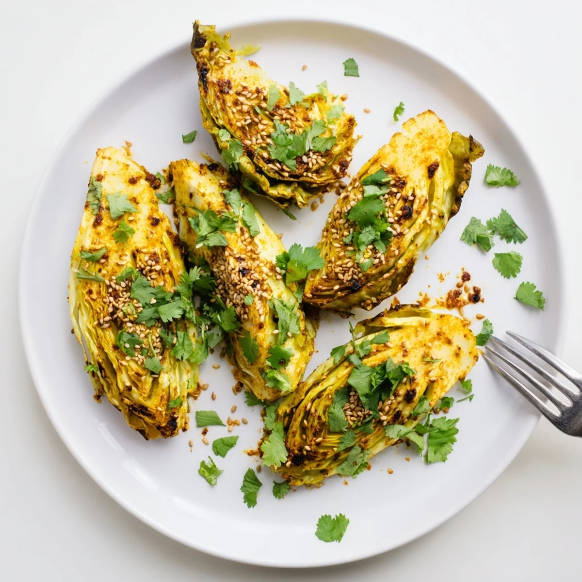 Golden roasted curry cabbage wedges with crispy edges and tender spiced centers on a white platter