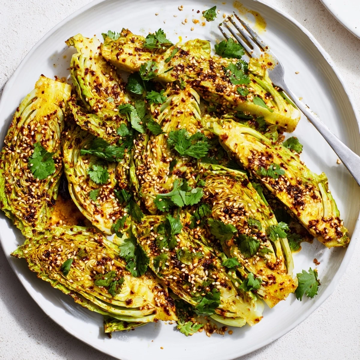 Vibrant curry roasted cabbage garnished with fresh cilantro and sesame seeds, perfectly caramelized and aromatic