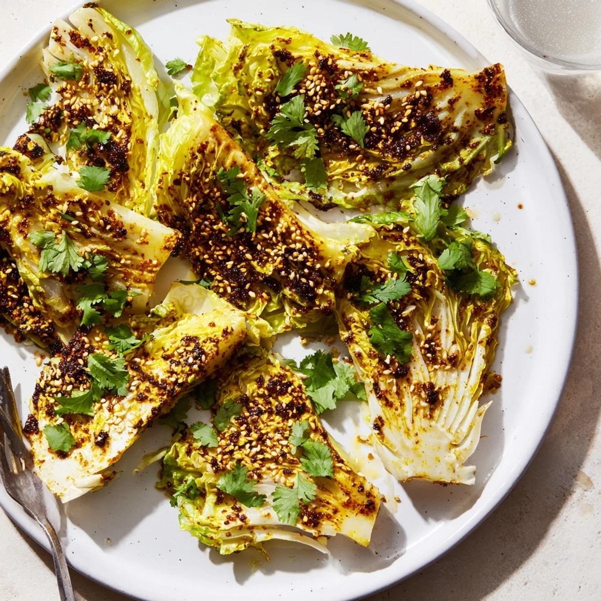 Close-up of roasted curry cabbage slices showing golden brown edges with turmeric and cumin spices
