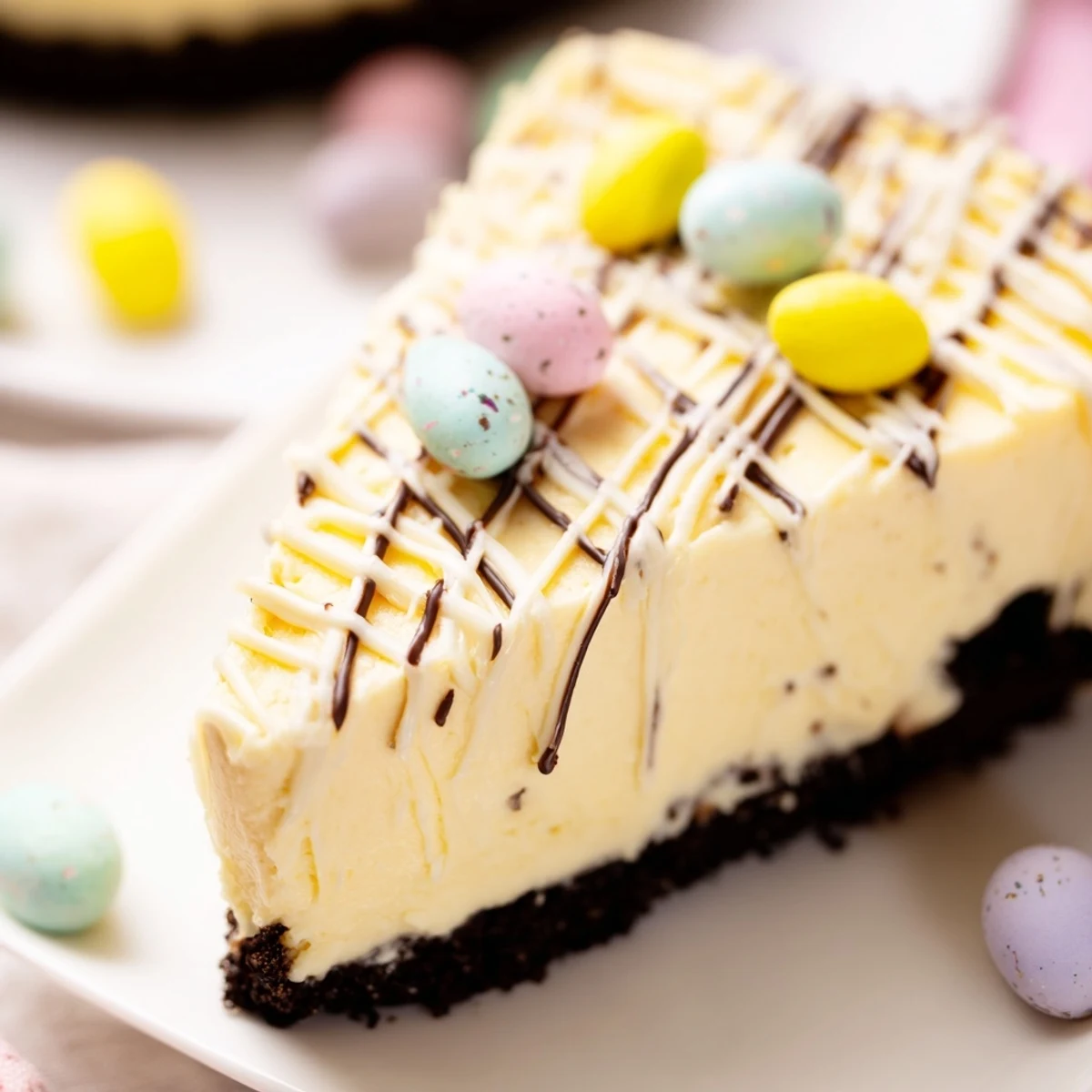 Creamy Easter Egg Cheesecake slice topped with colorful mini chocolate eggs on a white plate