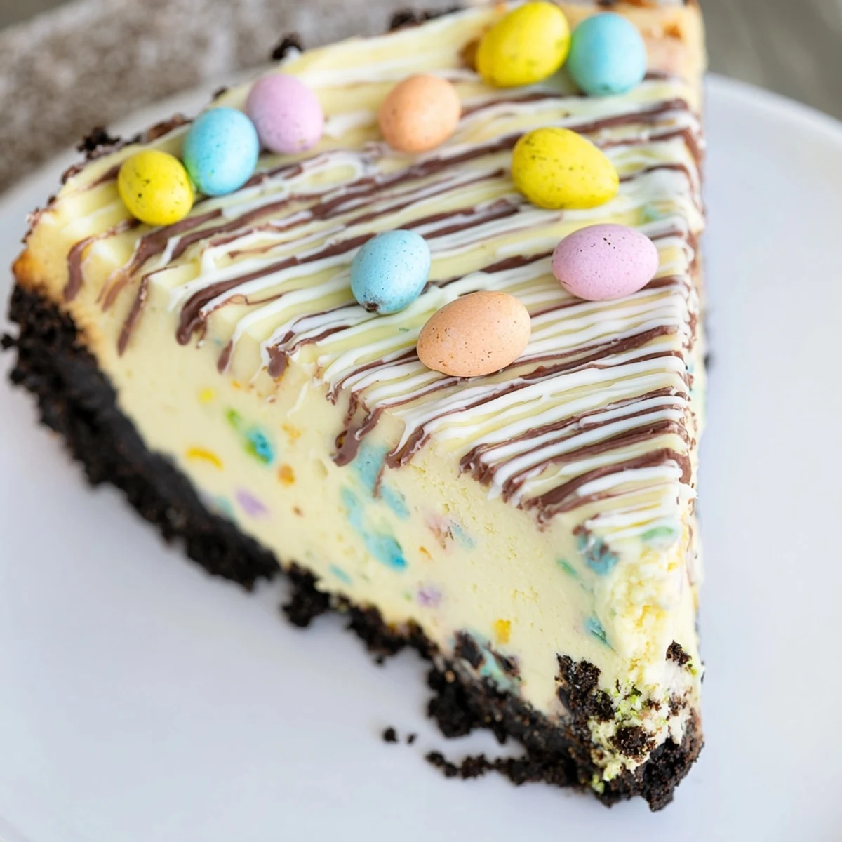 Festive spring dessert featuring chocolate cookie crust and smooth cheesecake with pastel Easter egg decorations