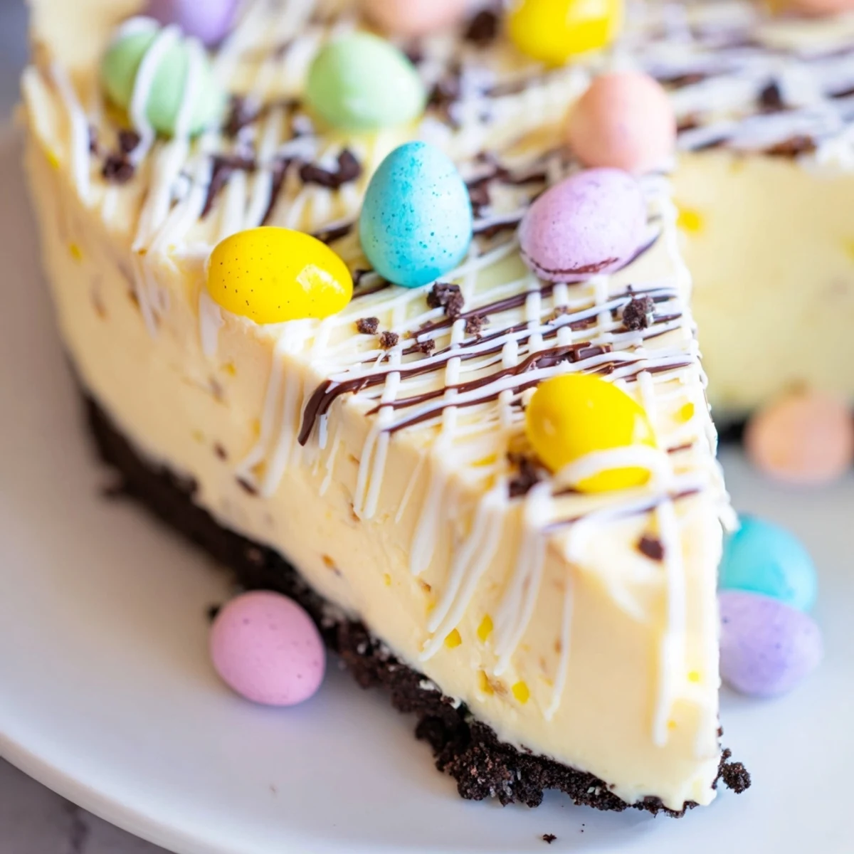 Homemade Easter Egg Cheesecake with velvety vanilla filling and chocolate Easter candies scattered on top
