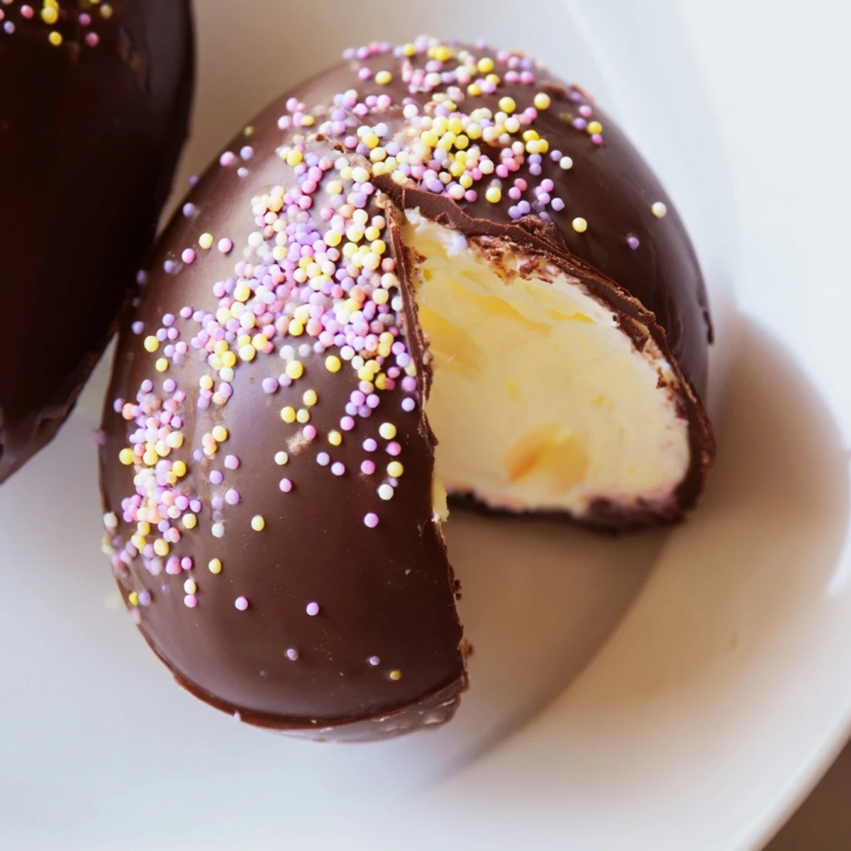 Creamy white chocolate-dipped Cool Whip Easter eggs decorated with colorful pastel sprinkles on a white plate