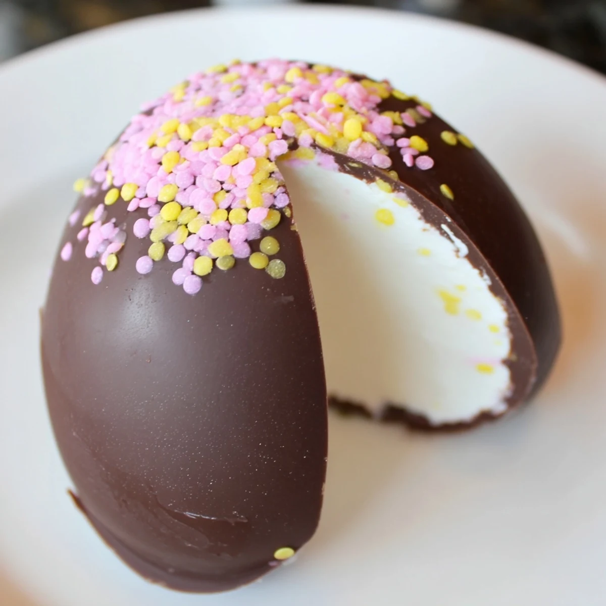 Hand-formed Cool Whip Easter eggs with glossy chocolate shell and festive candy melt drizzle topping