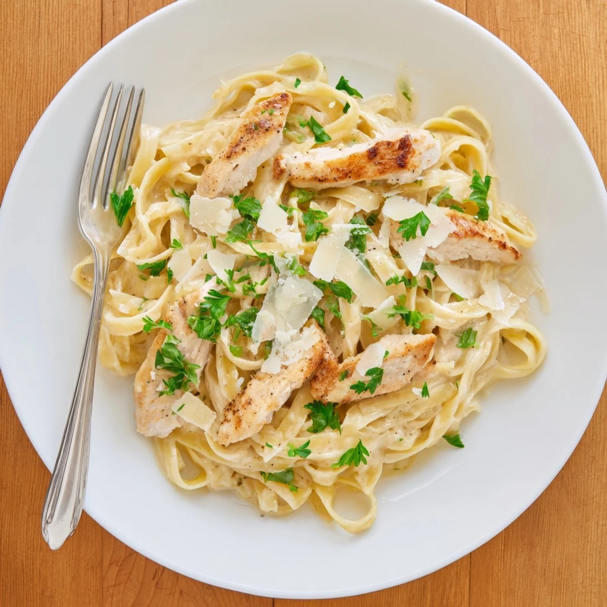 Golden sliced chicken resting on a bed of fettuccine coated in parmesan garlic cream sauce