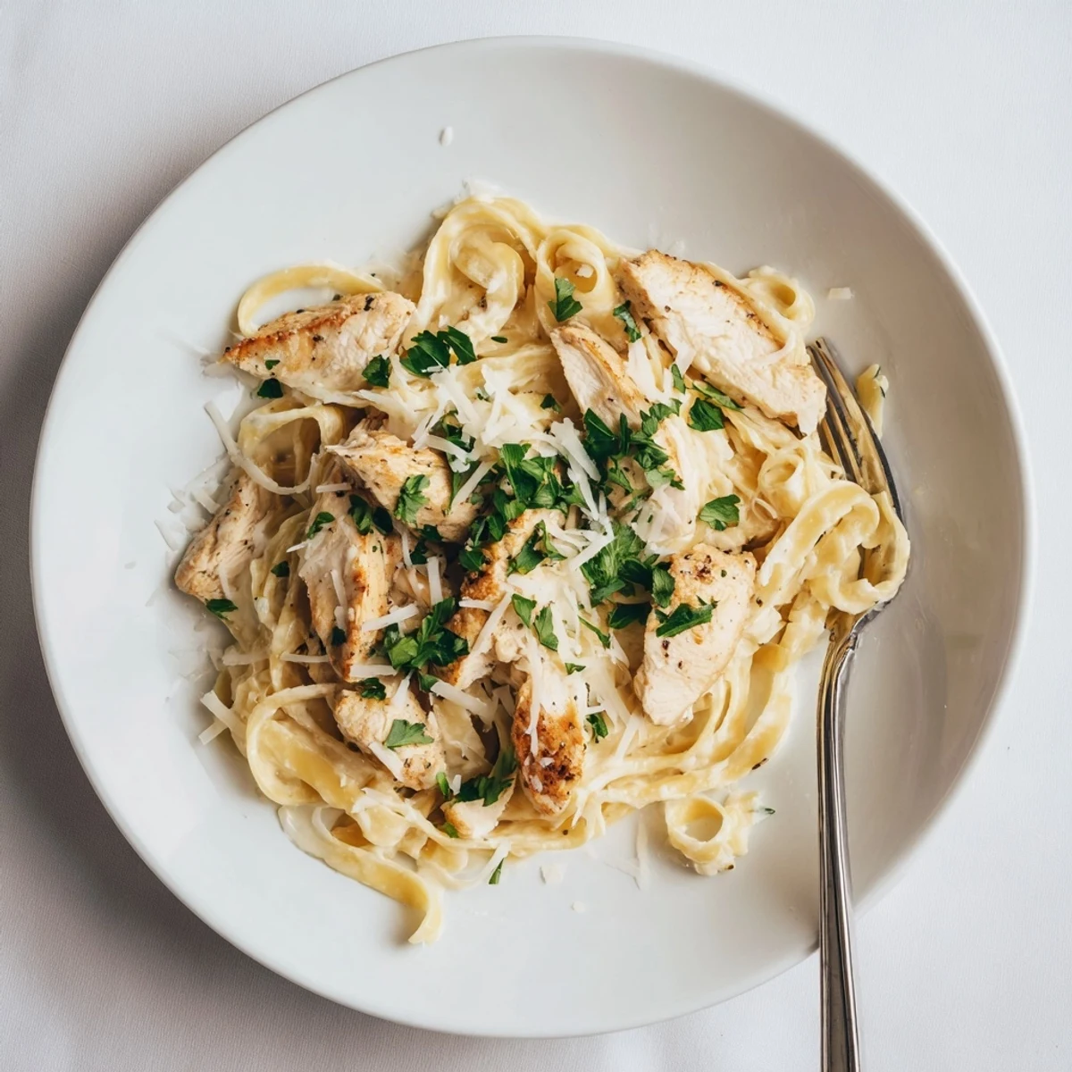 Steaming bowl of garlic parmesan chicken pasta garnished with fresh parsley and red pepper flakes