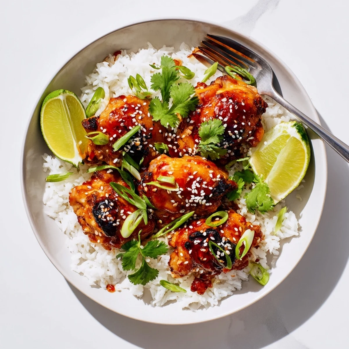 Golden glazed spicy maple chicken resting atop fluffy coconut rice with fresh cilantro garnish