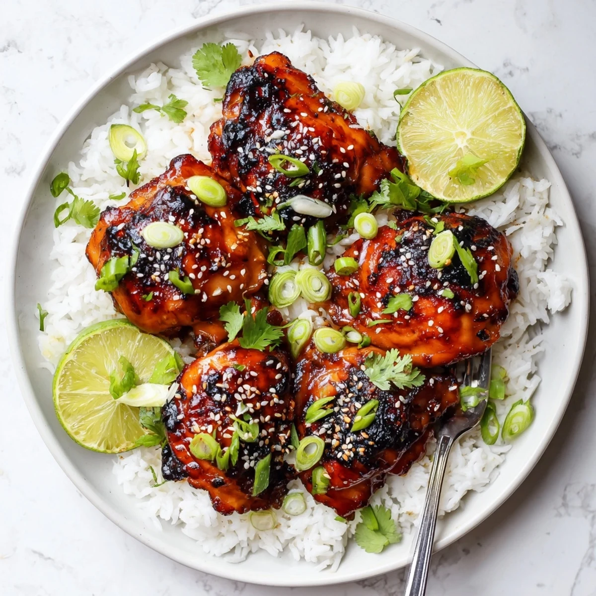 Plate of spicy maple chicken with coconut rice topped with green onions sesame seeds and lime