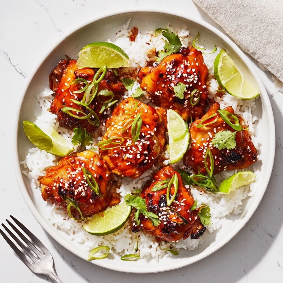 Caramelized chicken thighs coated in sweet spicy maple sauce served over creamy coconut rice