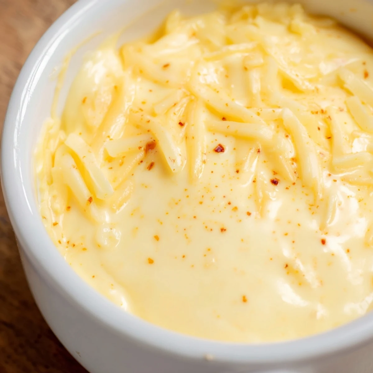 Rich melted cheese dip for pretzels being poured generously over twisted warm pretzel nuggets