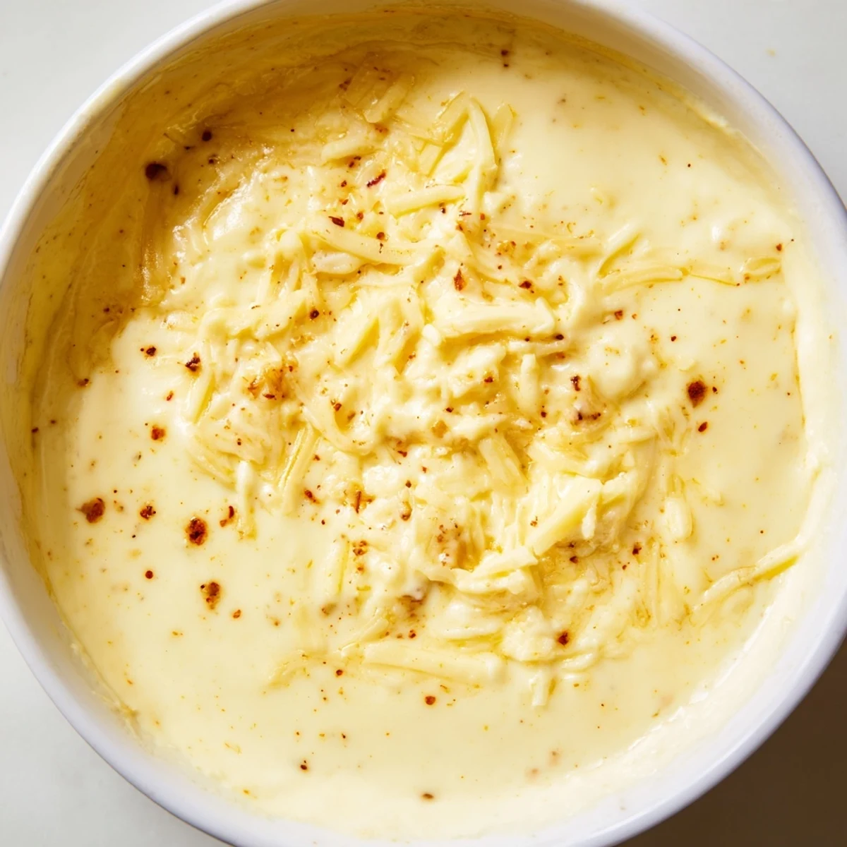 Creamy cheese dip for pretzels bubbling in a saucepan, garnished with paprika and parsley