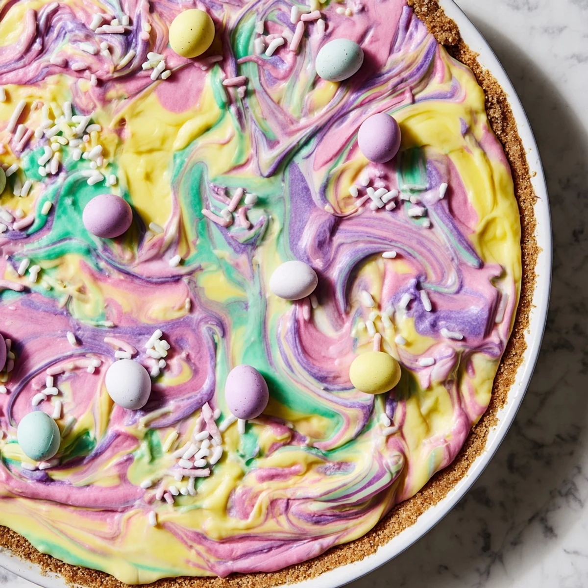 Festive Easter Swirl Pie showcasing swirled pastel vanilla cream on a crisp cookie base, topped with colorful sprinkles