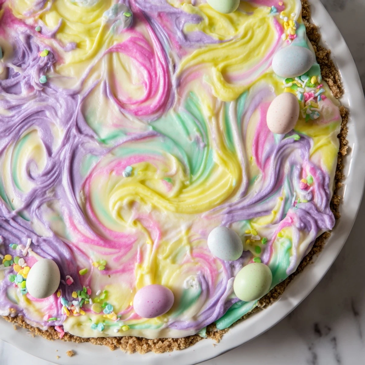 Easter Swirl Pie with marbled pastel pink, yellow, and purple creamy cheese filling in a golden graham cracker crust
