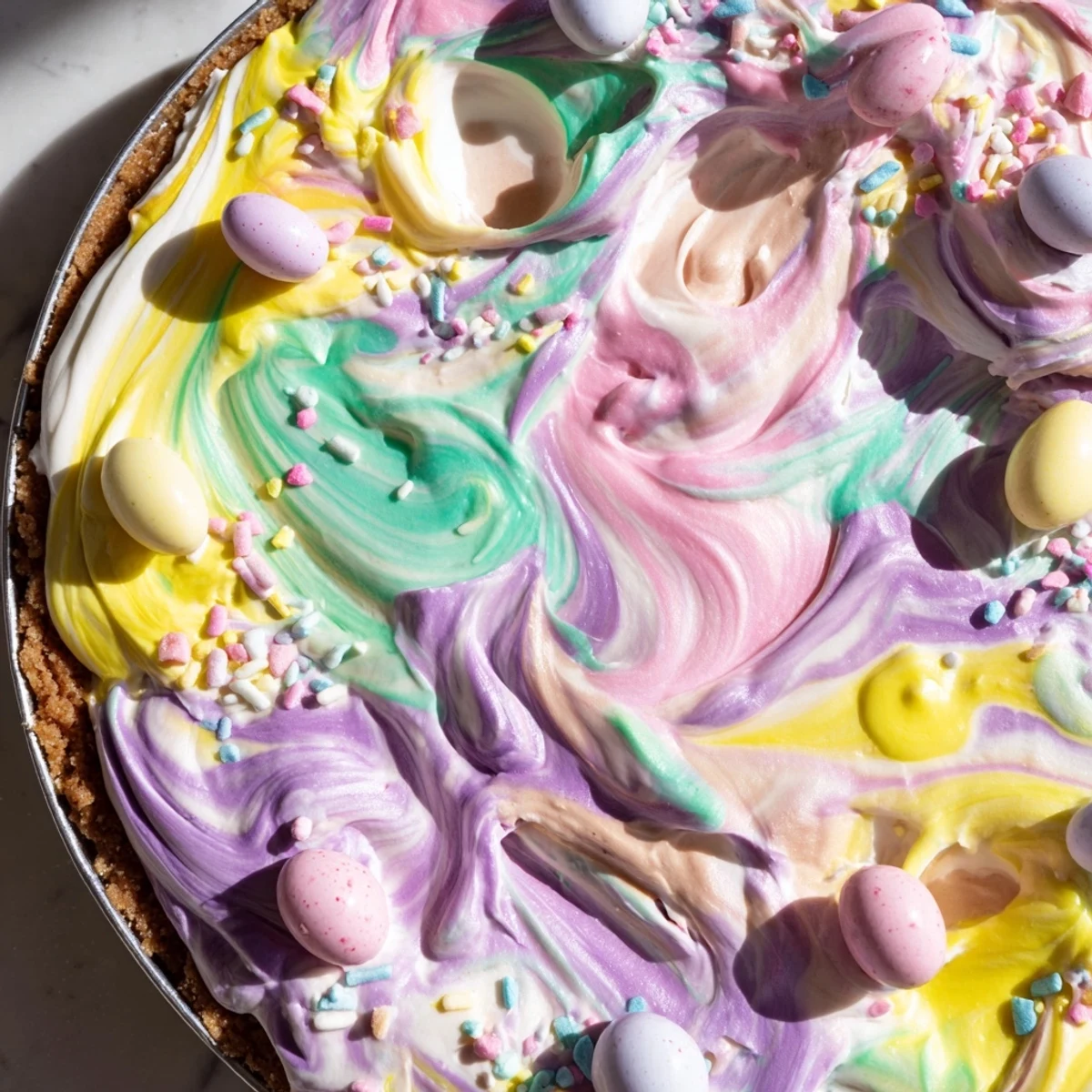 Slice of Easter Swirl Pie displaying the beautiful marble pattern of soft pastel colored filling inside a baked crust