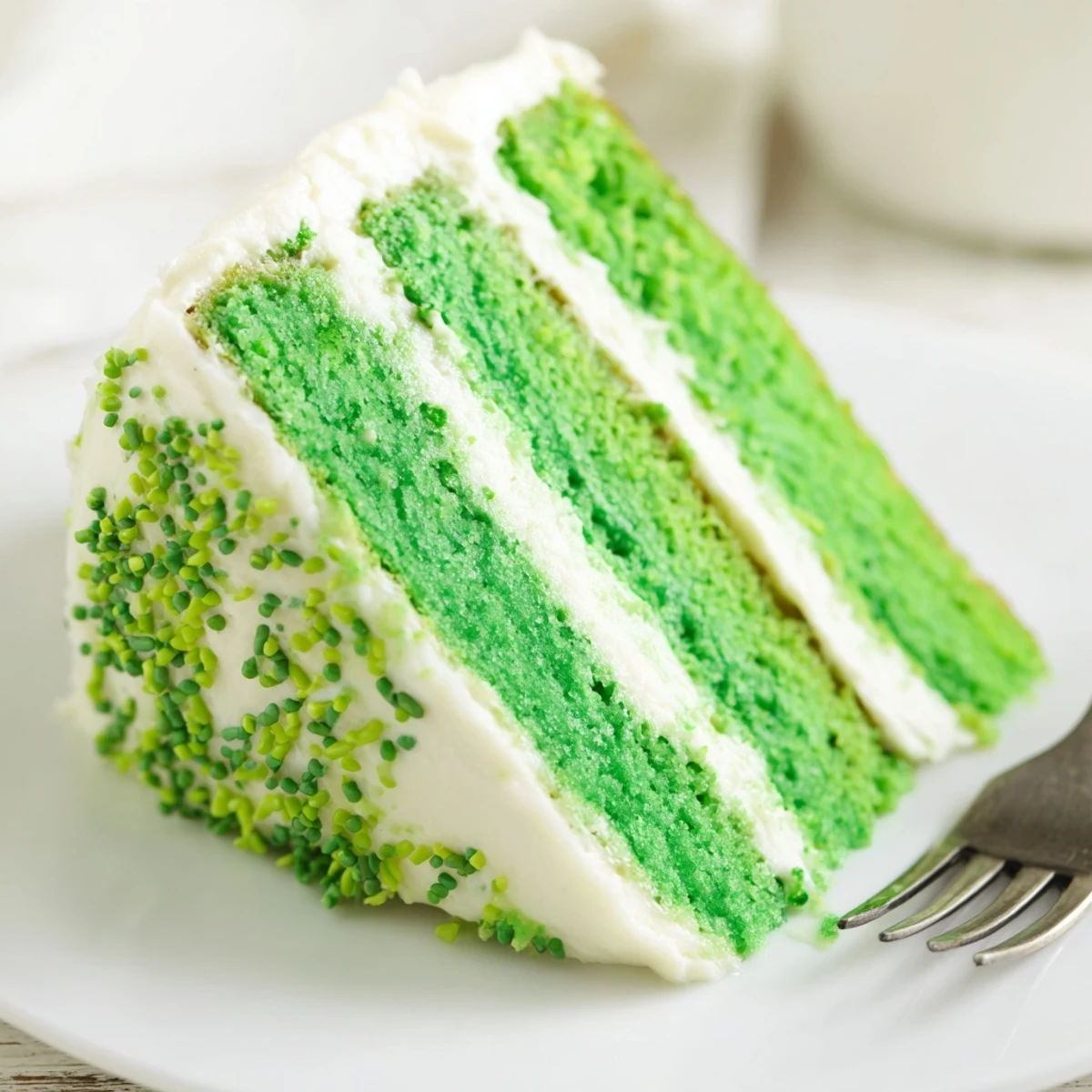 Festive green layered St. Patricks Day cake with fluffy vanilla frosting and shamrock decorations