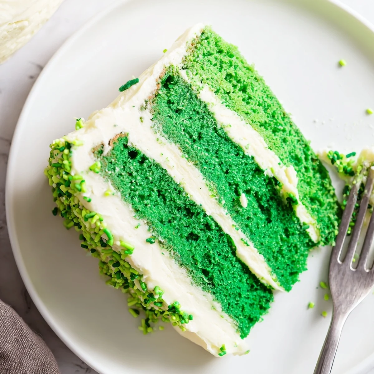 Three-tier bright green sponge cake frosted with creamy white buttercream for St. Patricks Day