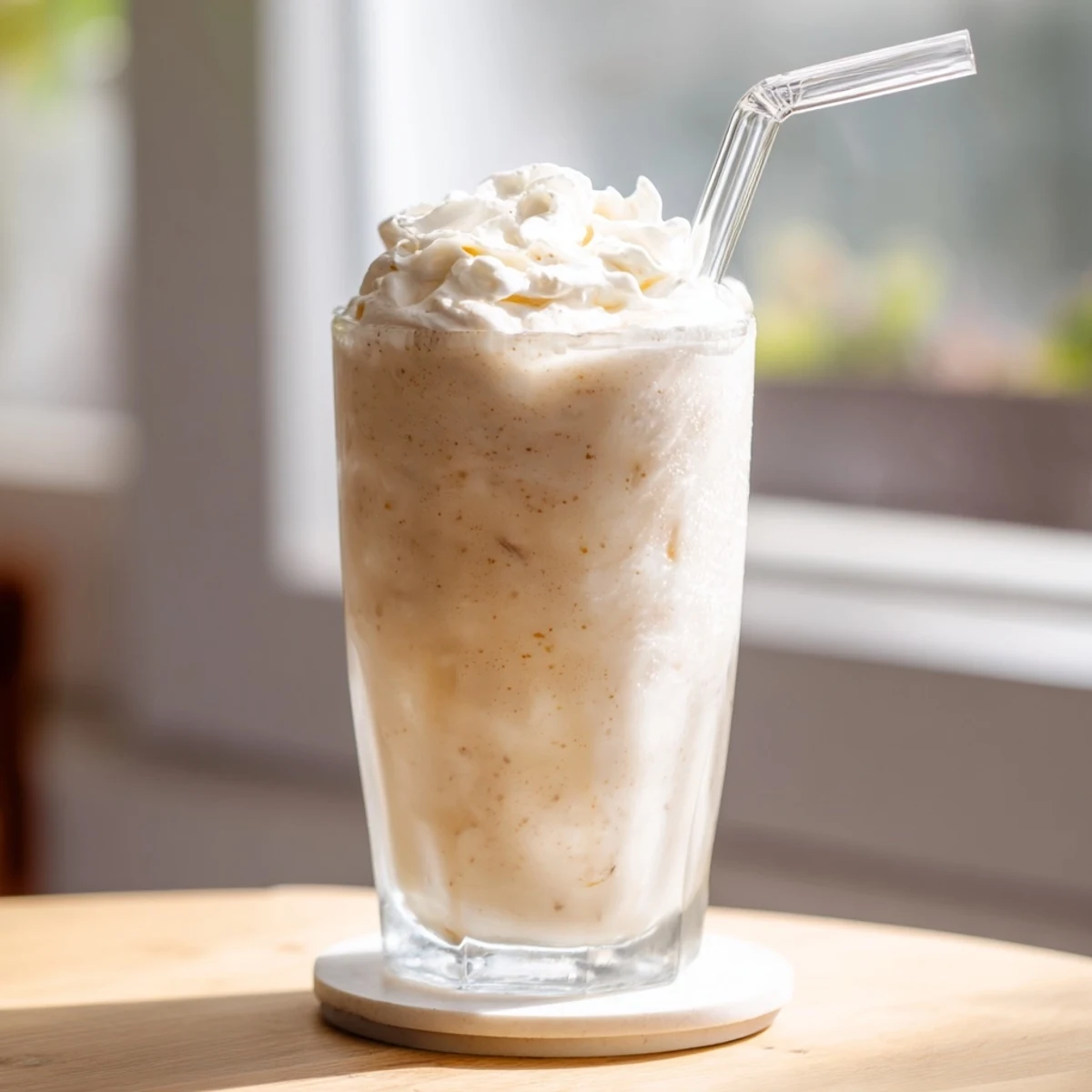 Creamy vanilla bean frappuccino topped with fluffy whipped cream in a chilled glass