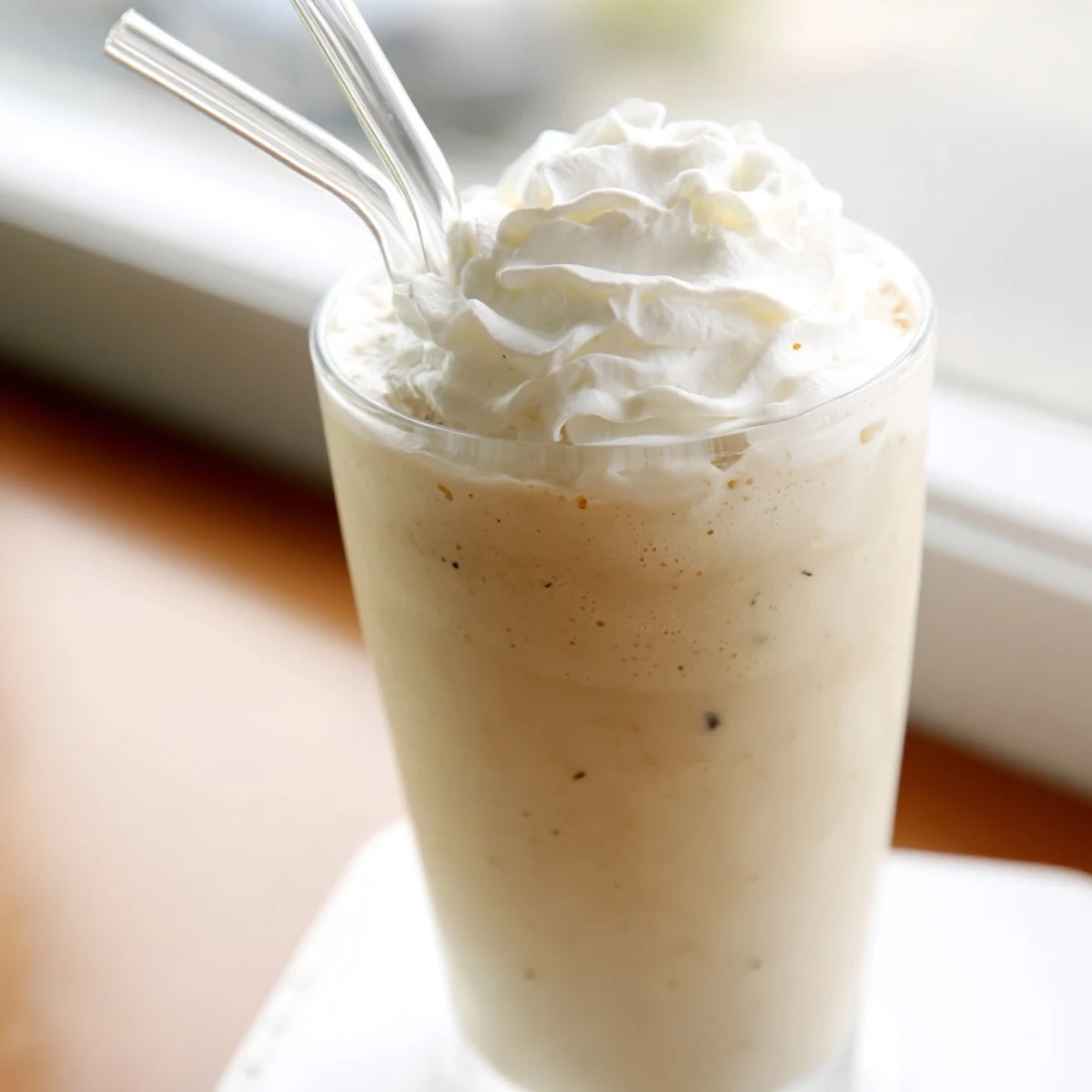 Blended vanilla bean frappuccino with visible vanilla specks swirling through white icy perfection