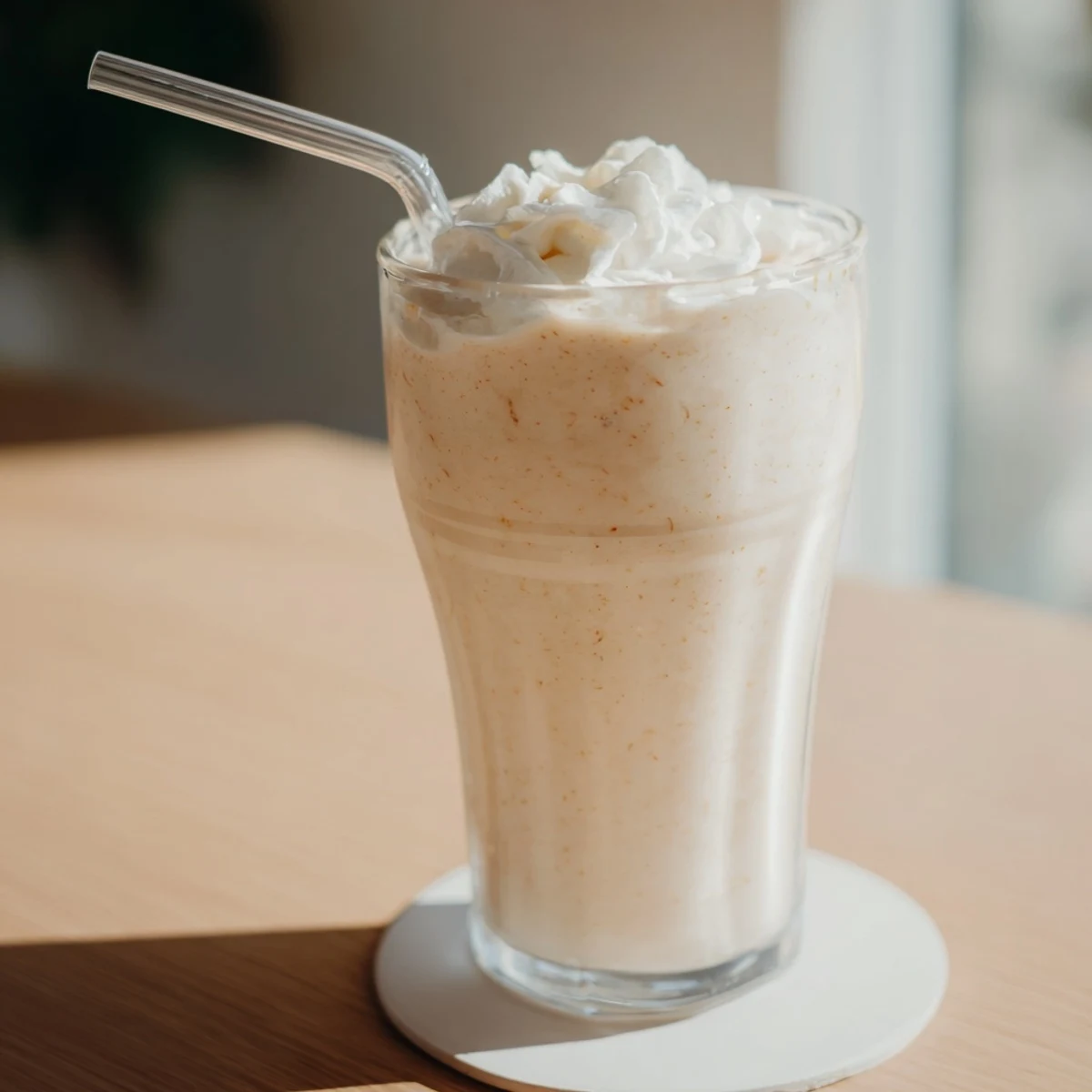 Homemade vanilla bean frappuccino served in clear glasses with generous whipped cream topping
