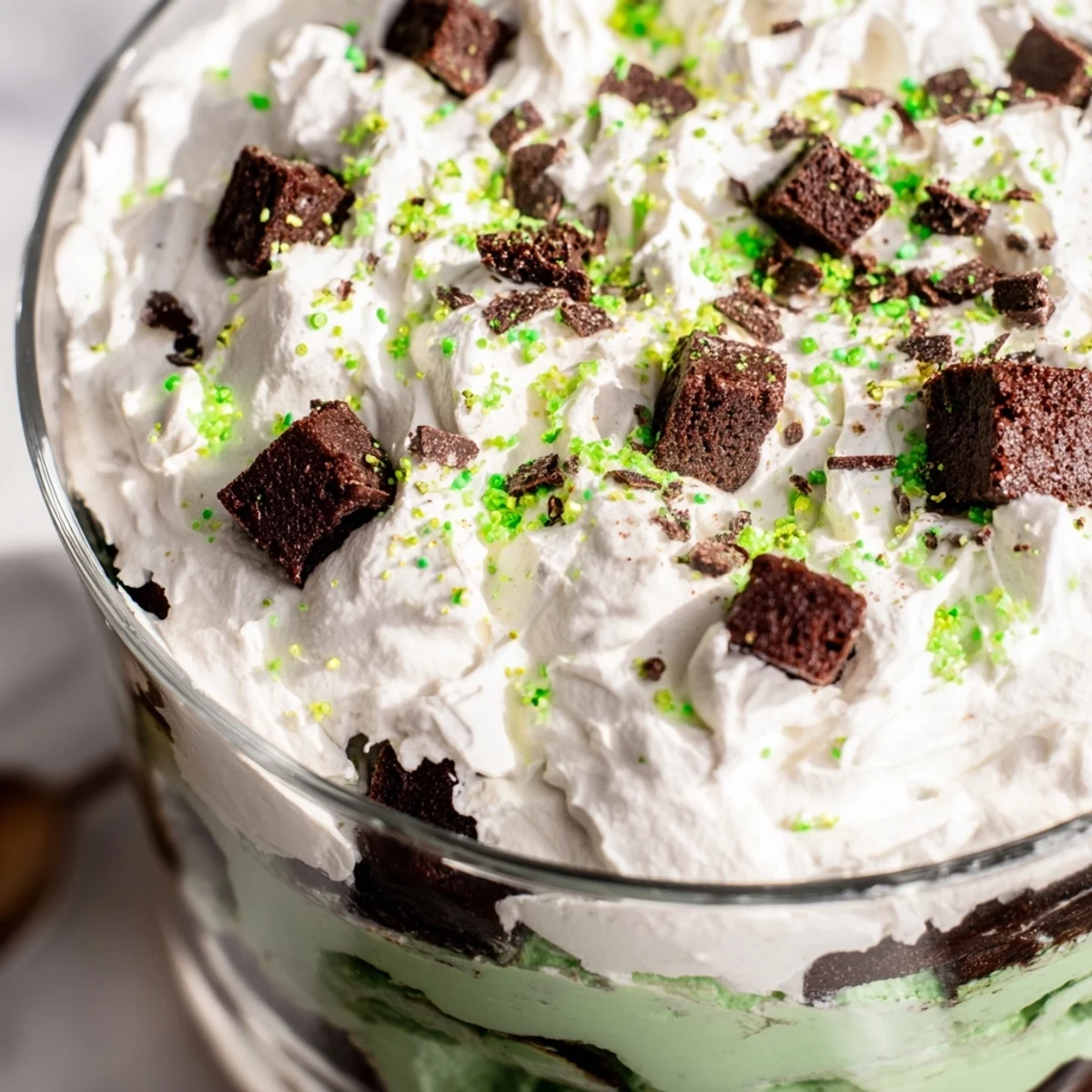 Close-up of festive St. Patricks Day brownie trifle displaying decadent layers of rich fudgy brownies, creamy pistachio pudding, and sweet vanilla whipped cream