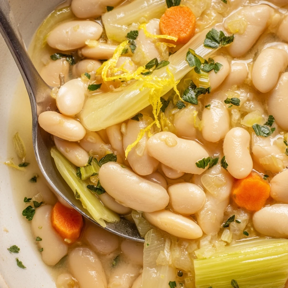 Creamy butter beans with leeks simmered in a skillet, garnished with fresh parsley