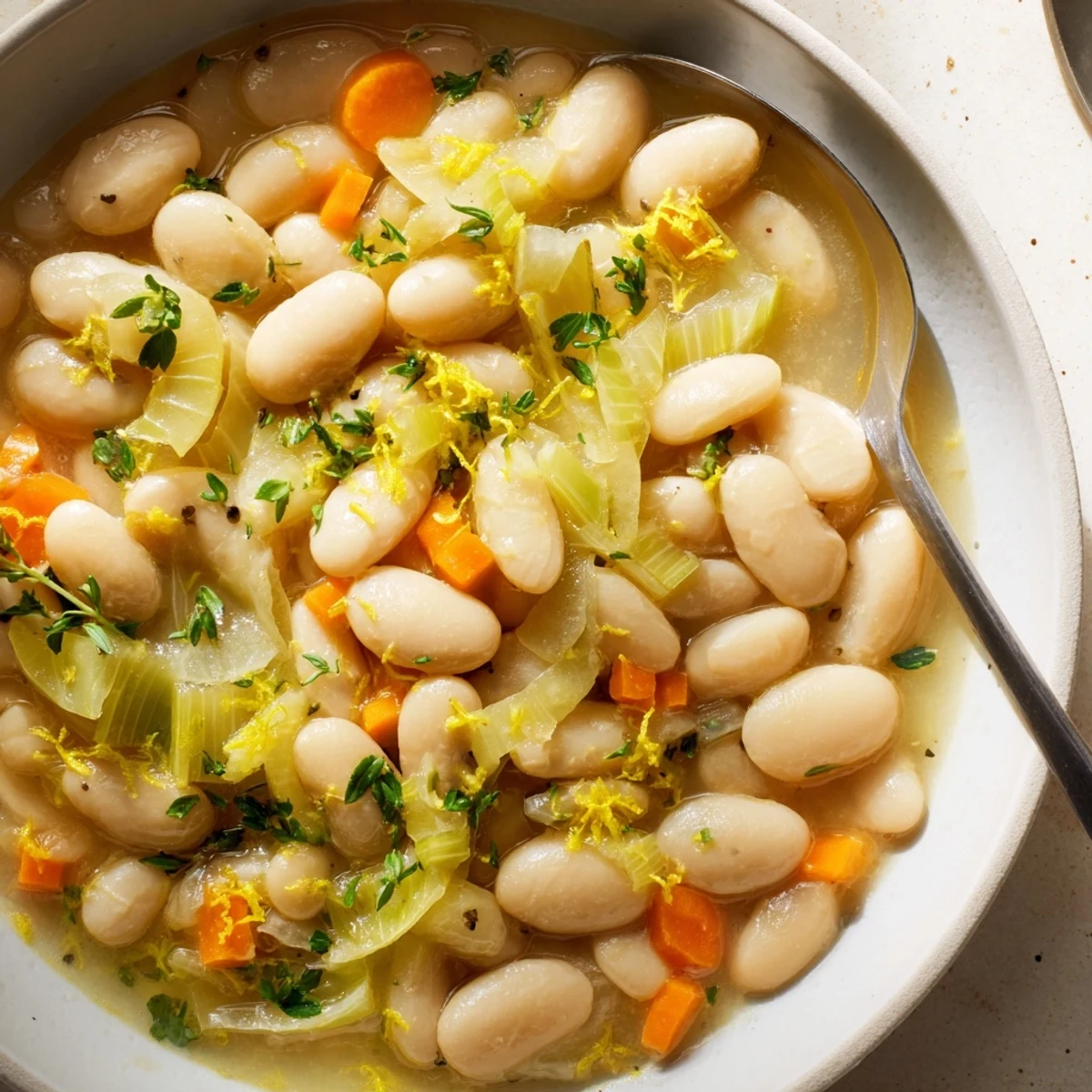 Hearty bowl of butter beans and tender leeks, perfect vegetarian comfort food