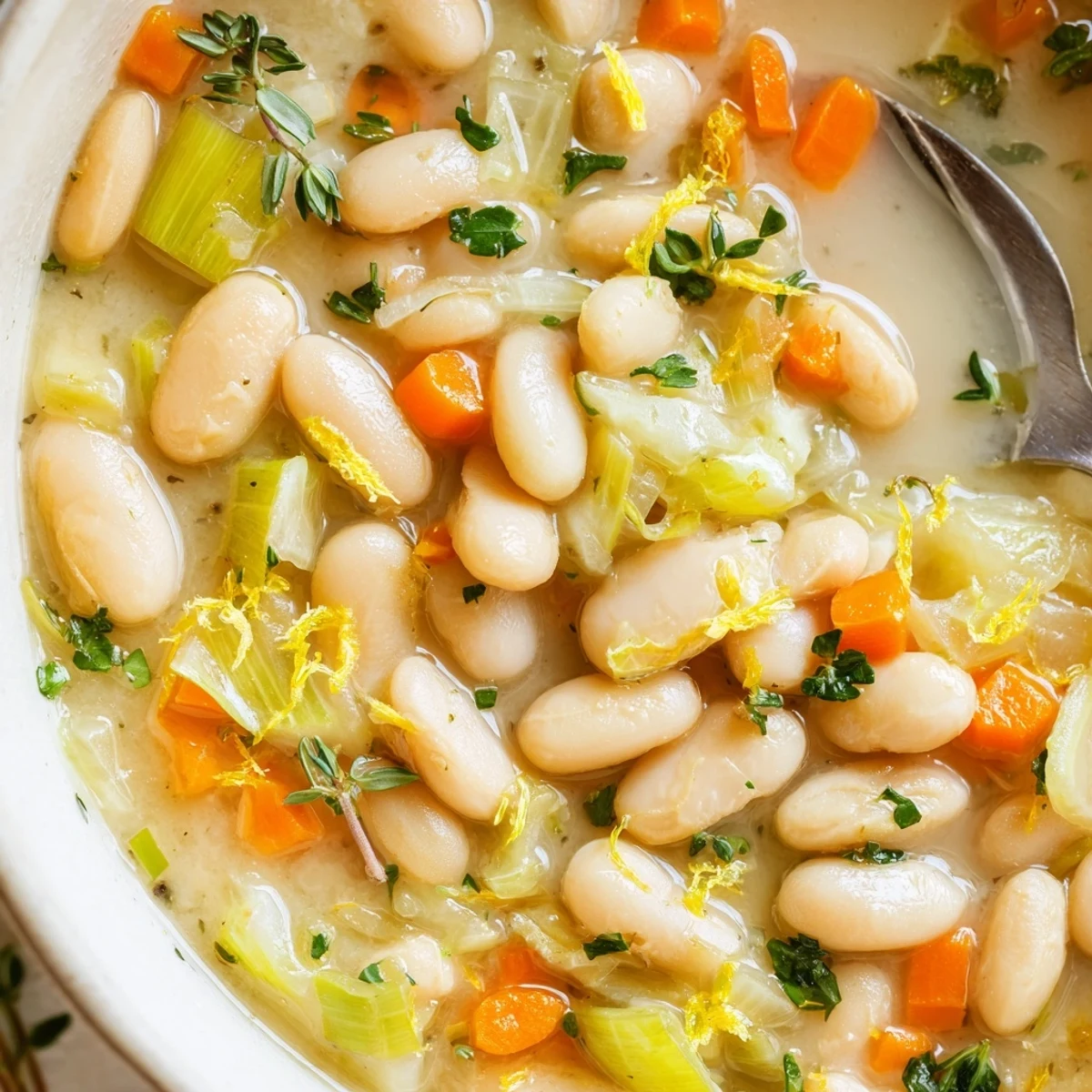 Golden butter beans and aromatic leeks served in rustic white bowl with green herbs
