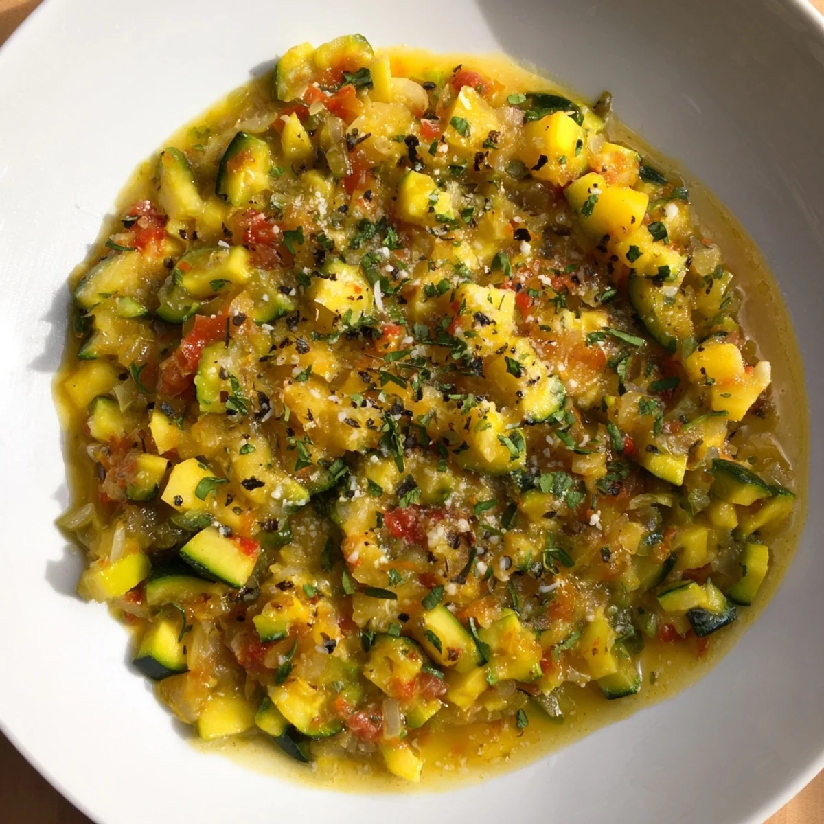 Golden Italian zucchini sauce simmering with diced tomatoes, fresh herbs, and olive oil in a skillet