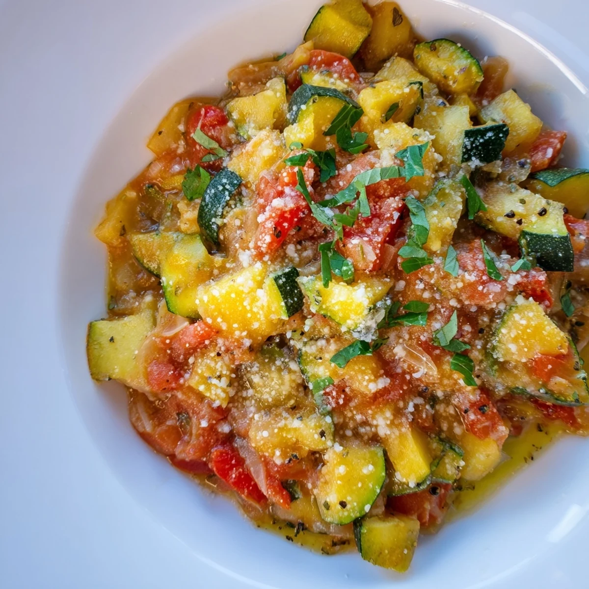 Creamy Italian zucchini sauce plated with rustic bread and fresh parsley garnish for a cozy appetizer